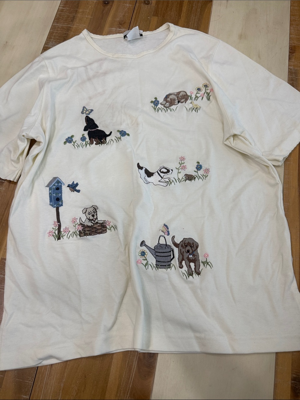 BonWorth Cream Tee with Embroidered Puppy Garden Motifs